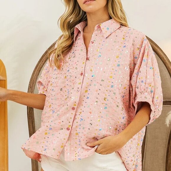 BiBi Sequin Striped Short Dolman Sleeve Blouse - Picture 6 of 14